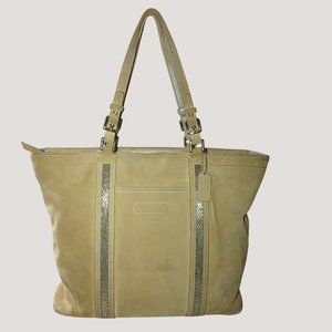 Coach Leatherware Suede Beaded Stripe Beige Tote Bag Dual Handles Zipper Closure